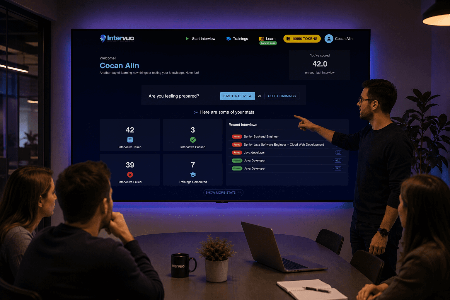 Interview feedback dashboard showing performance metrics and improvement suggestions