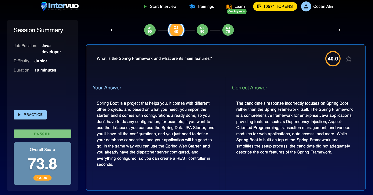 AI Interview Dashboard showing interview options and analytics