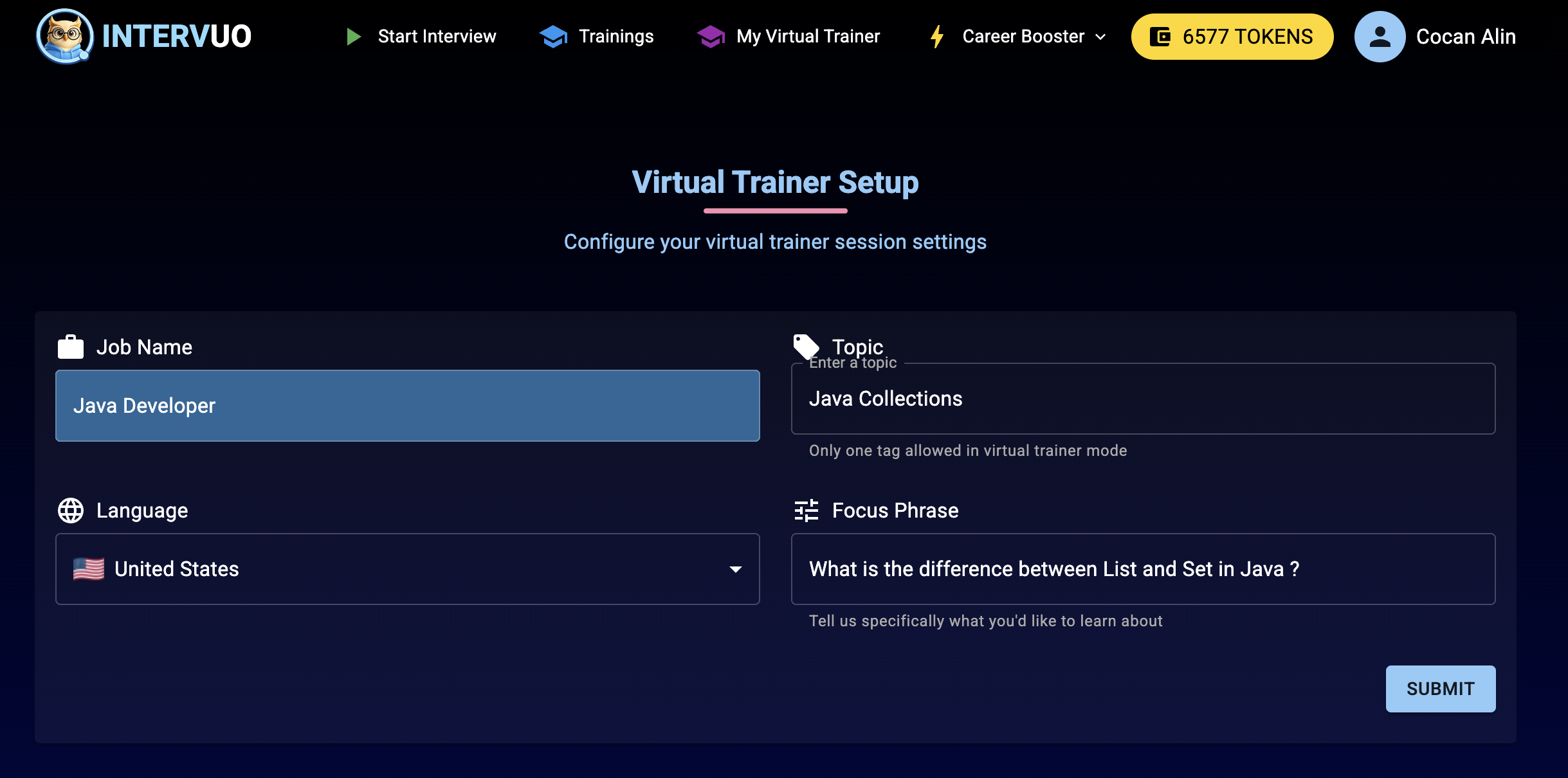 Virtual trainer setup interface showing topic selection and learning preferences configuration