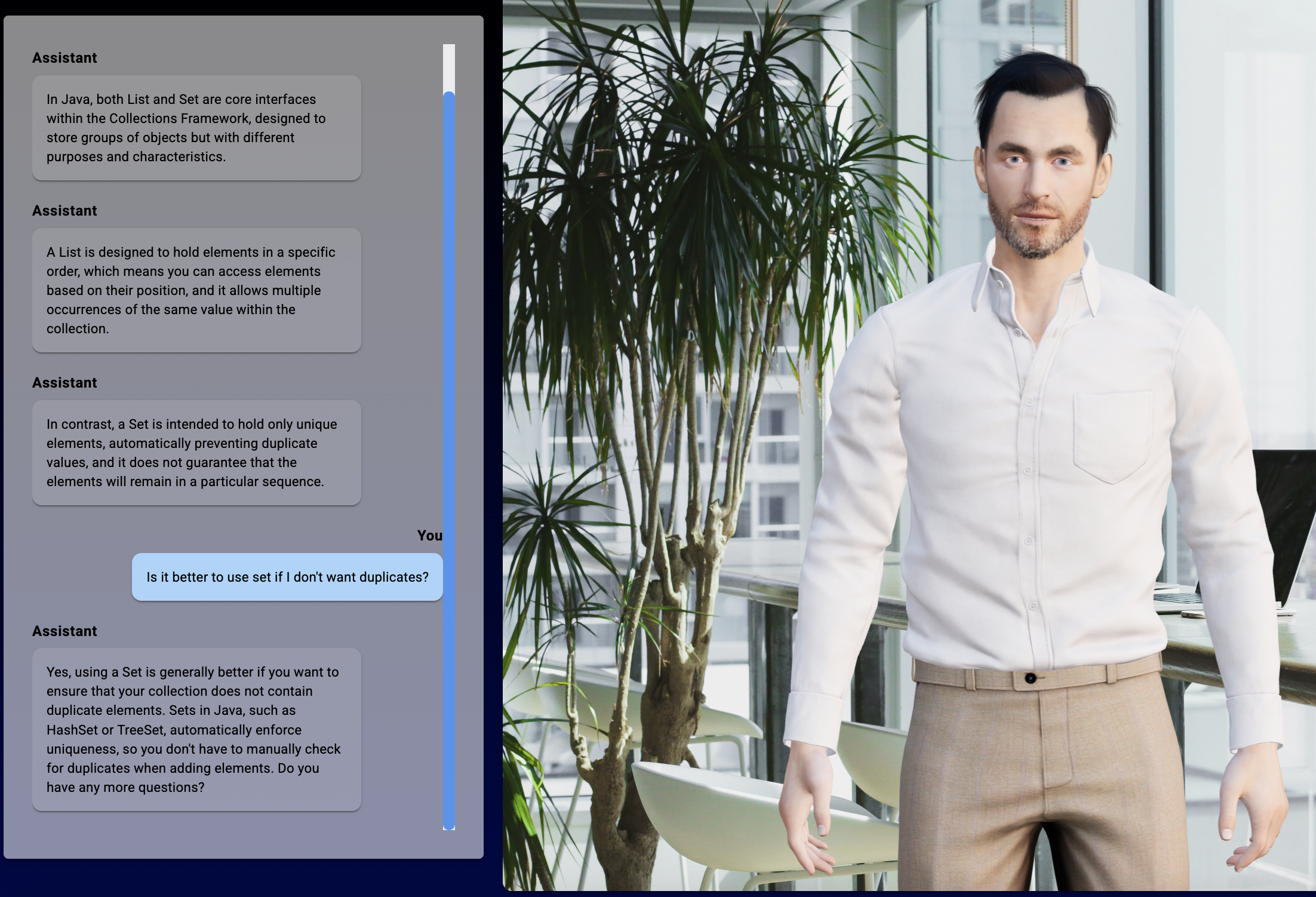 Interactive learning session with AI trainer showing real-time Q&A and personalized explanations
