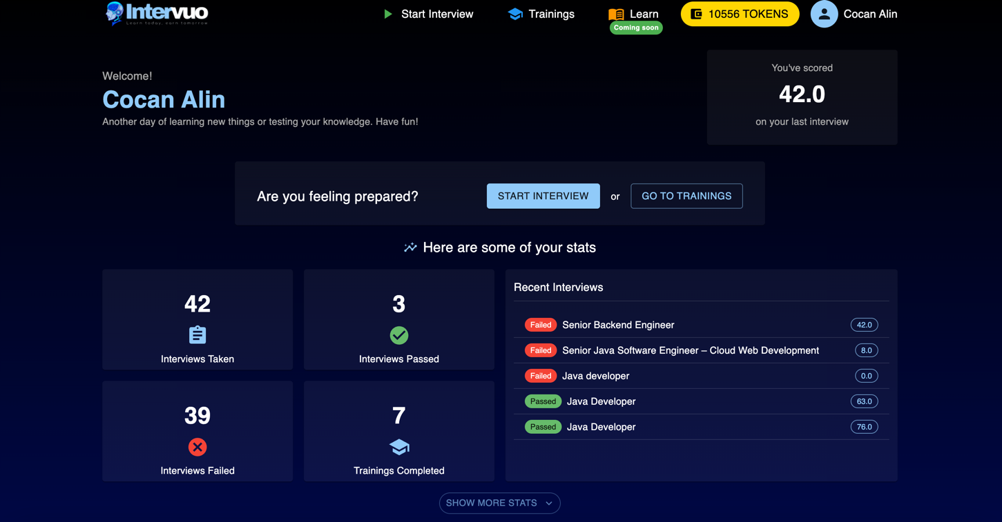 Interview feedback dashboard showing performance metrics and improvement suggestions