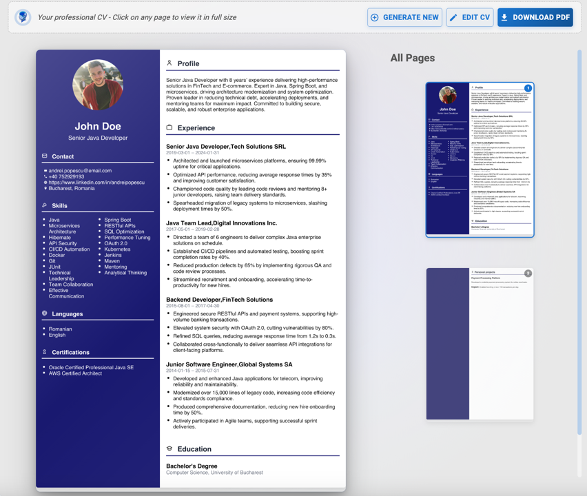 AI-powered CV Generator interface showing professional CV templates and customization options